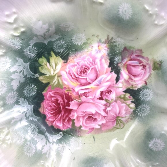 ANTIQUE RS PRUSSIA 1900 Serving Bowl Ribbed Mold With Roses on Green 9in*2.5 in - Picture 2 of 8
